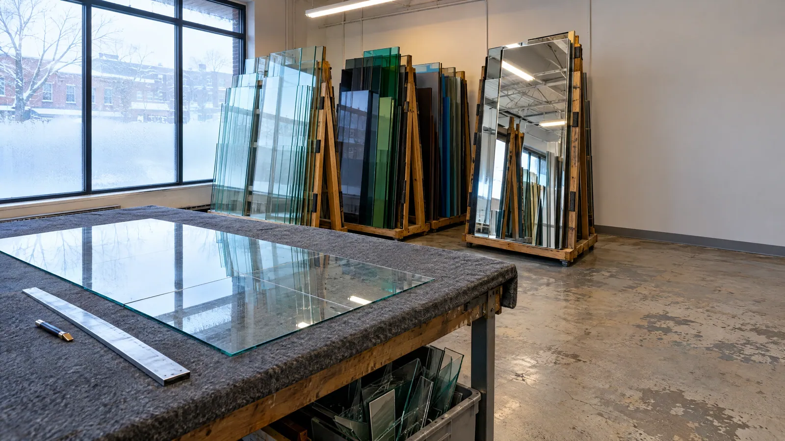 Glass shop cutting table covered in felt with a clear sheet laid out, a straightedge and a cutter, and wooden racks of glass and mirror stock along the wall