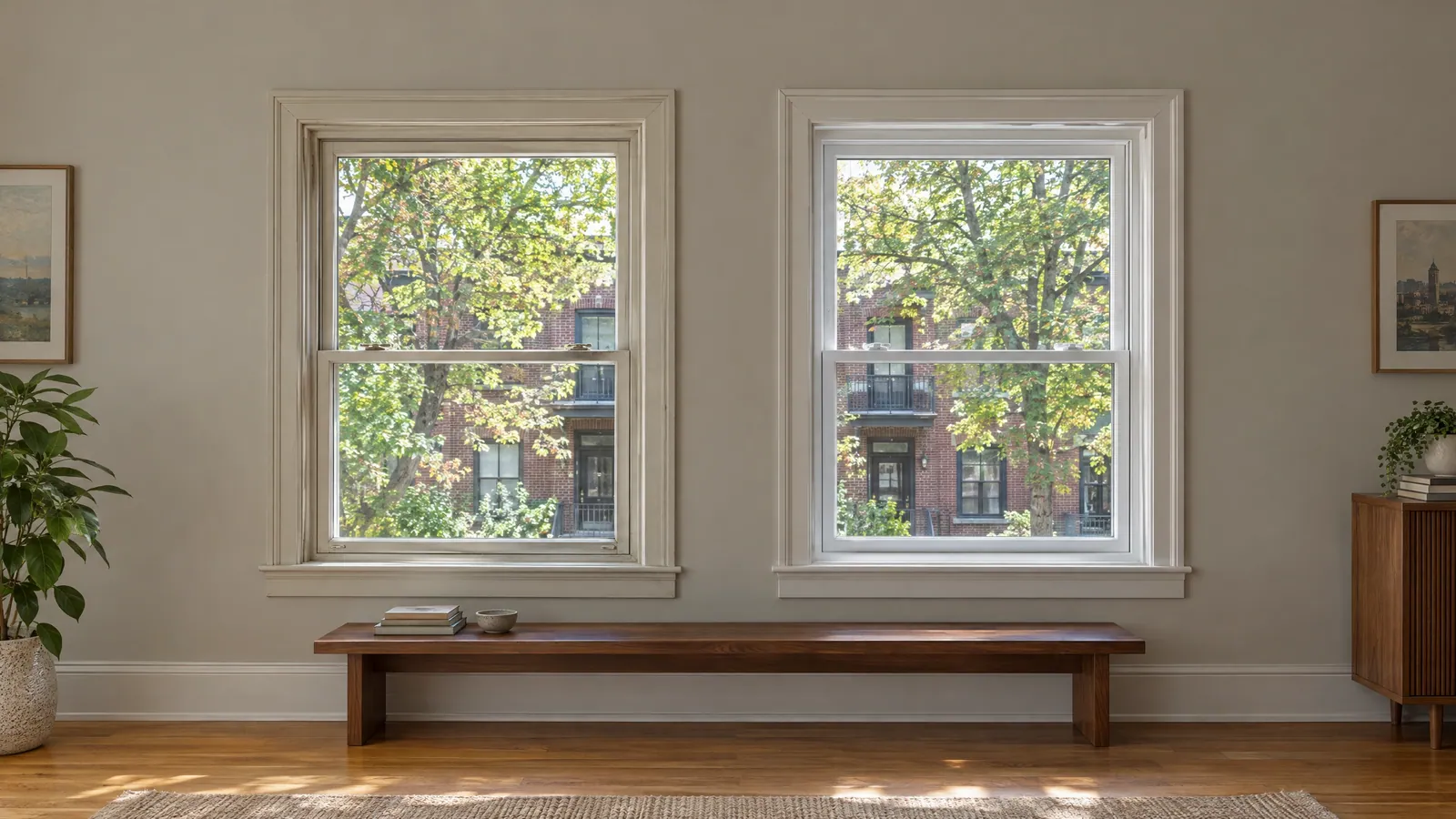 Two tall hung windows side by side in a plex front room, a restored original wood window with cream paint on the left and a new white hybrid window of the same size on the right, both looking onto brick triplexes and trees