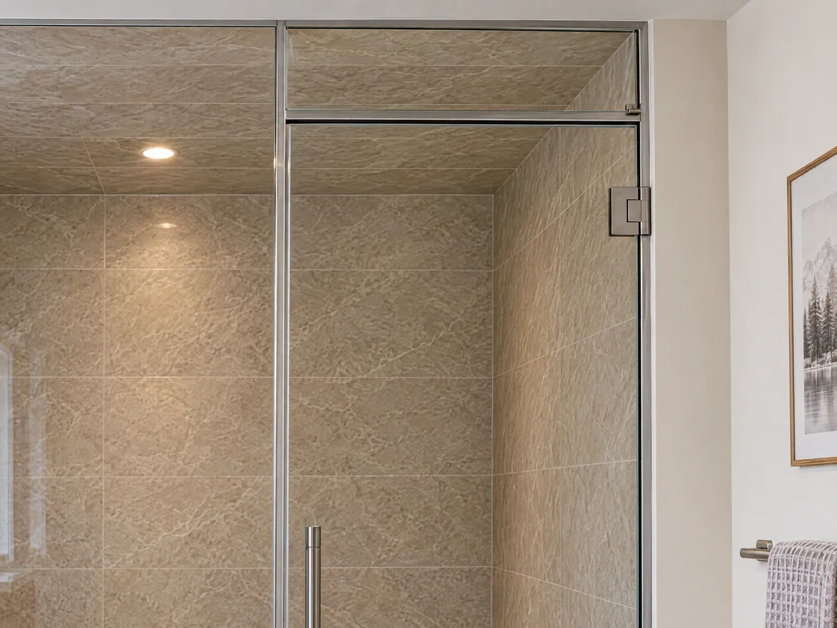 Upper part of a shower enclosure in brushed metal framing, with a hinged glass door, a fixed side panel and a fixed glass transom reaching the ceiling