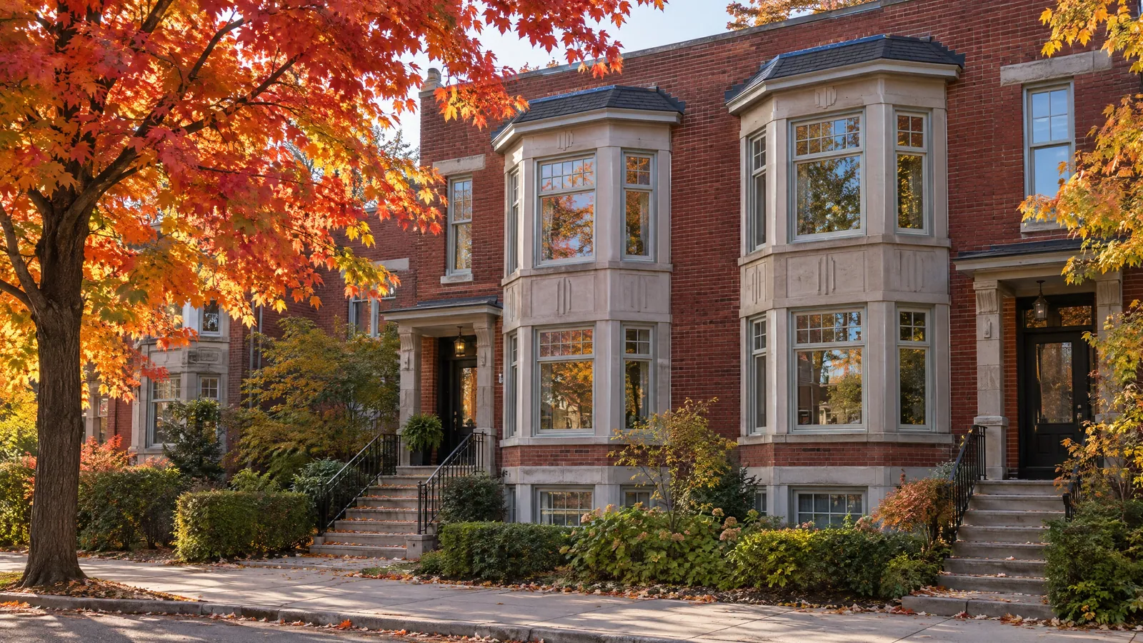 Red-brick duplexes with two-storey limestone bay fronts and hung windows with divided upper panes, stone steps and a maple in full red and orange autumn colour