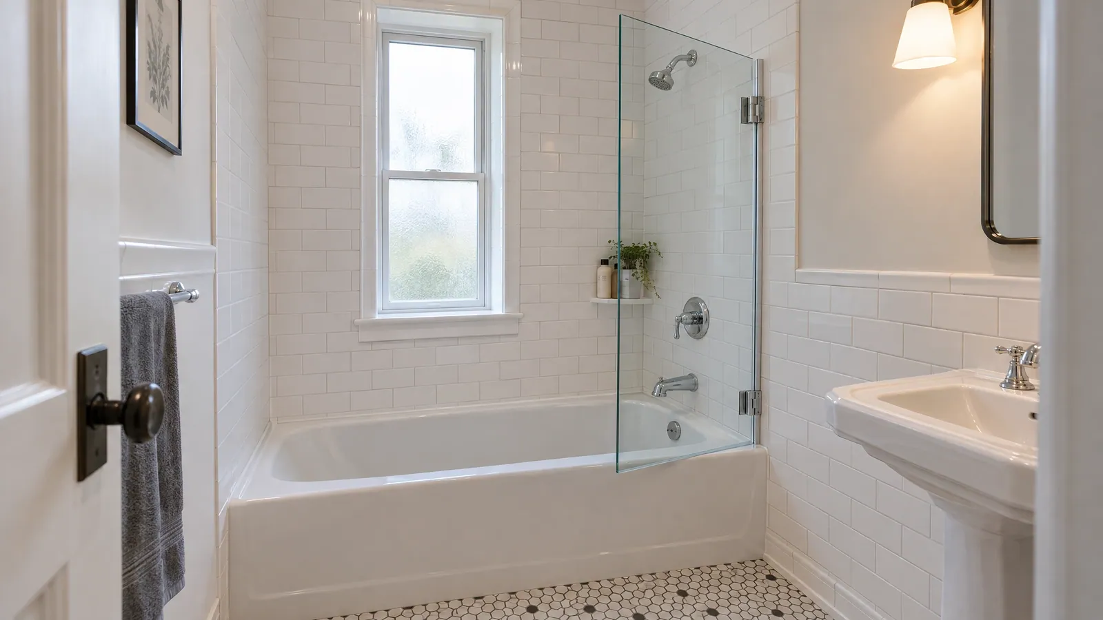 Small plex bathroom with white subway tile, a hinged clear glass screen on the bathtub, a pedestal sink and a window above the tub