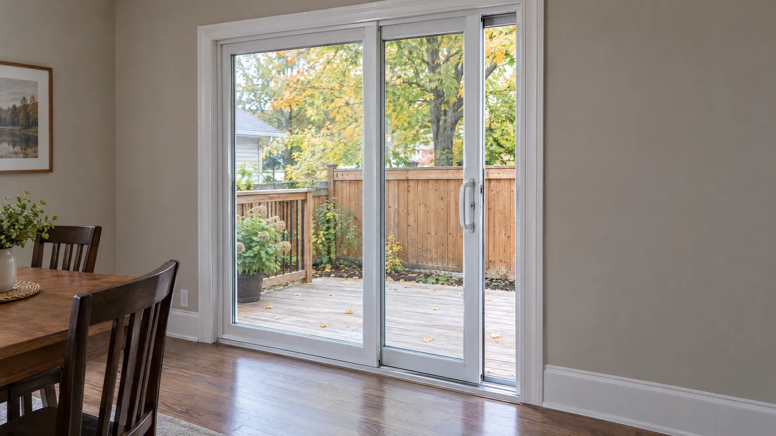 Dining room with a white sliding patio door partly open onto a wooden deck strewn with autumn leaves