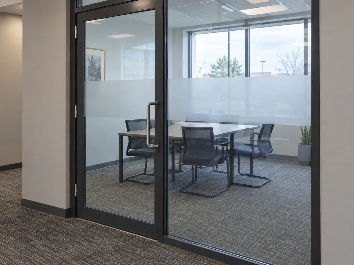 Office meeting room closed off by a dark-framed glass door and a fixed glass panel, both with a frosted band at eye level