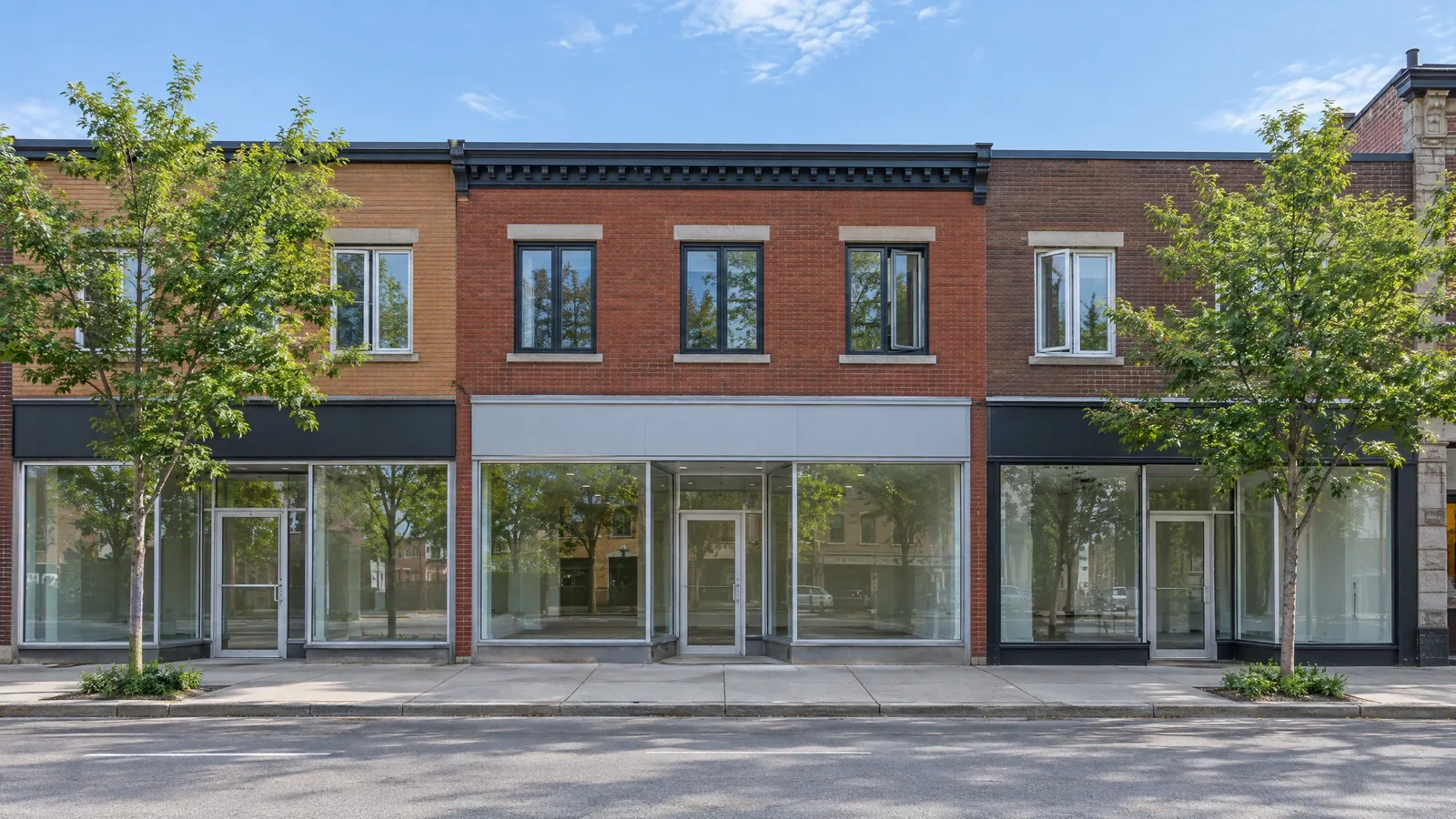 Row of two-storey brick buildings with glass shopfronts at street level along a Montreal commercial artery