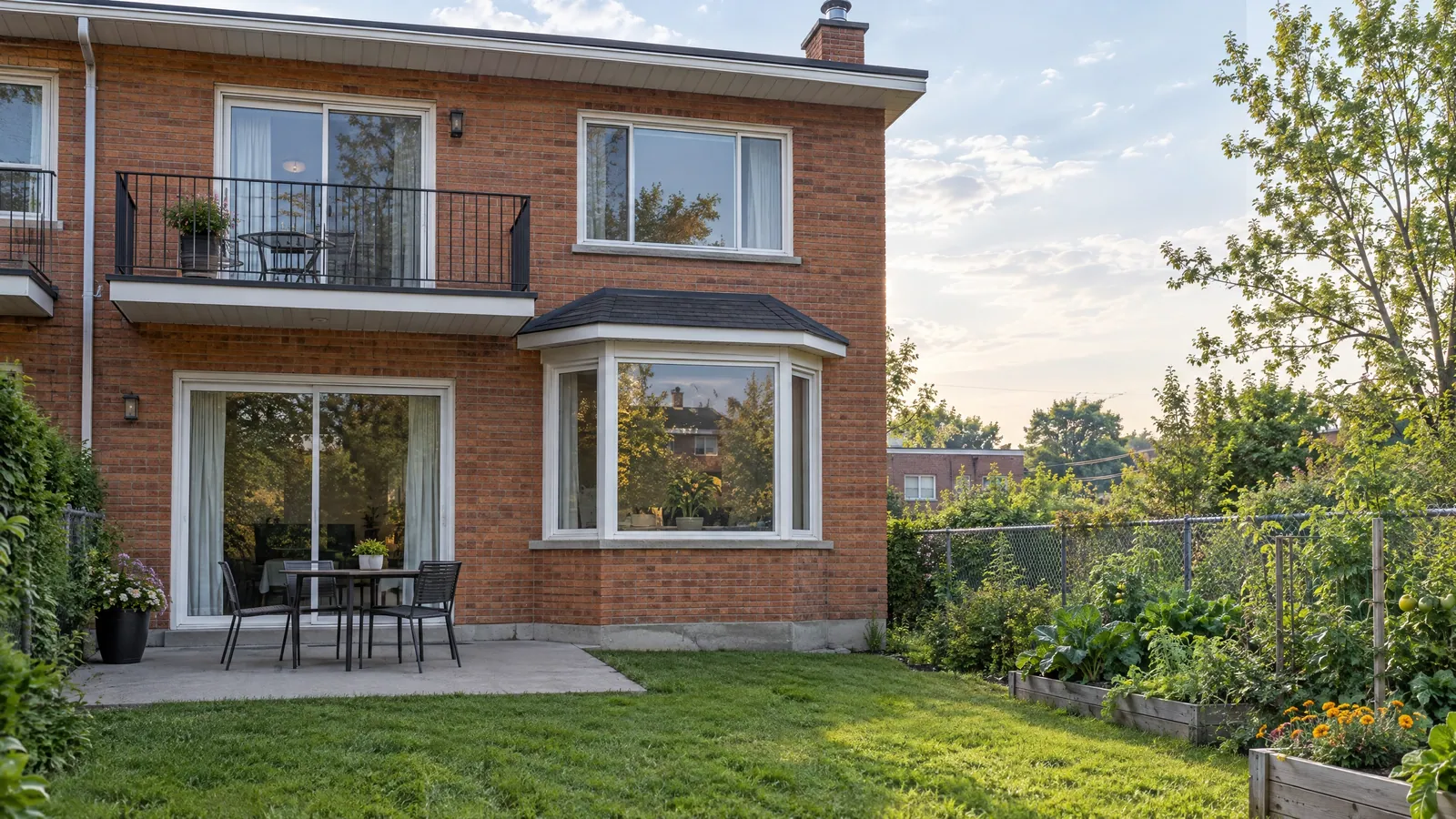 Back of a brick duplex with a ground-floor sliding patio door, a projecting bay window and an upstairs balcony door above a vegetable garden in summer