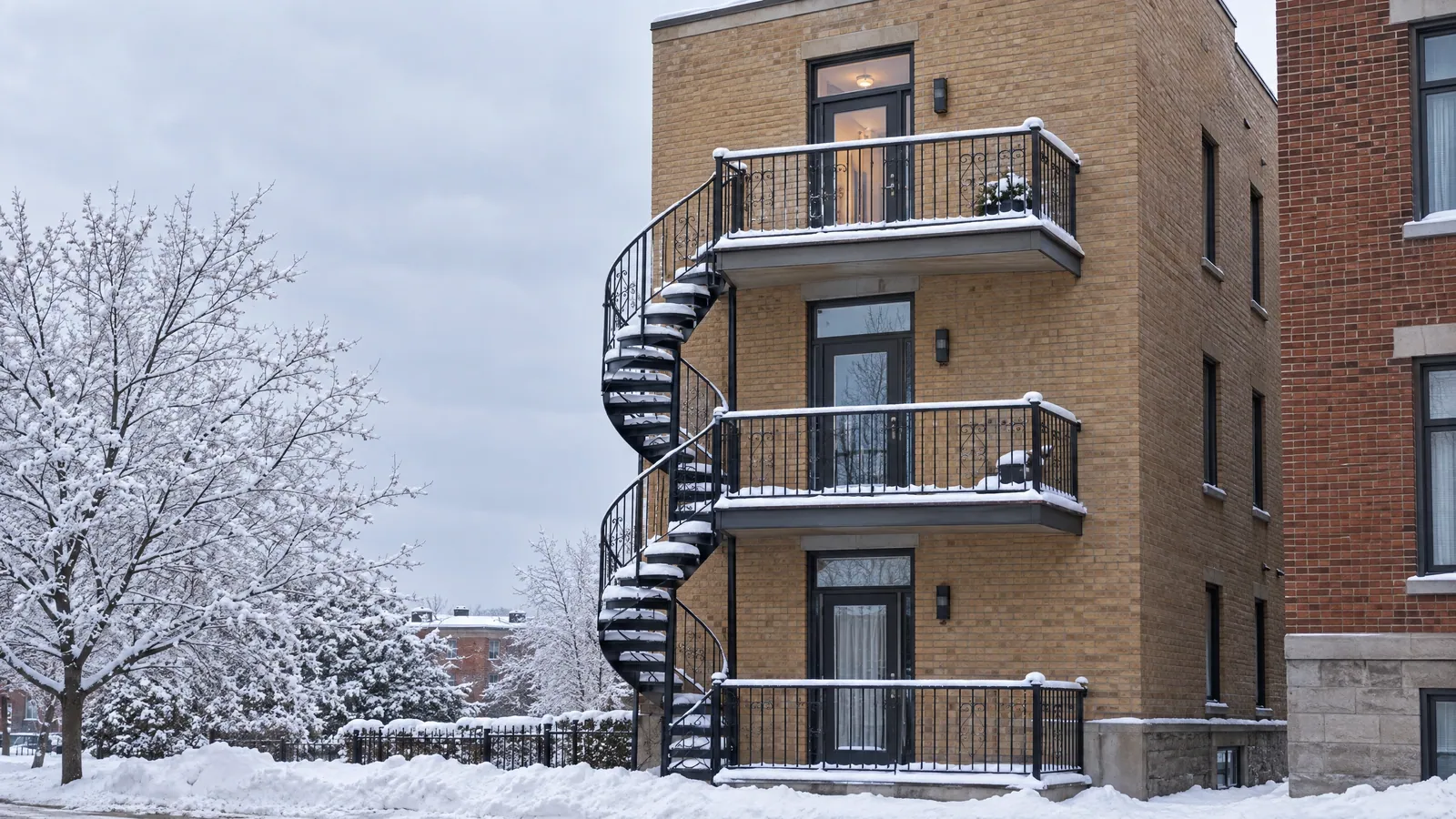 Yellow-brick triplex in winter with a black spiral staircase and, on each of its three floors, a glass balcony door topped by a transom