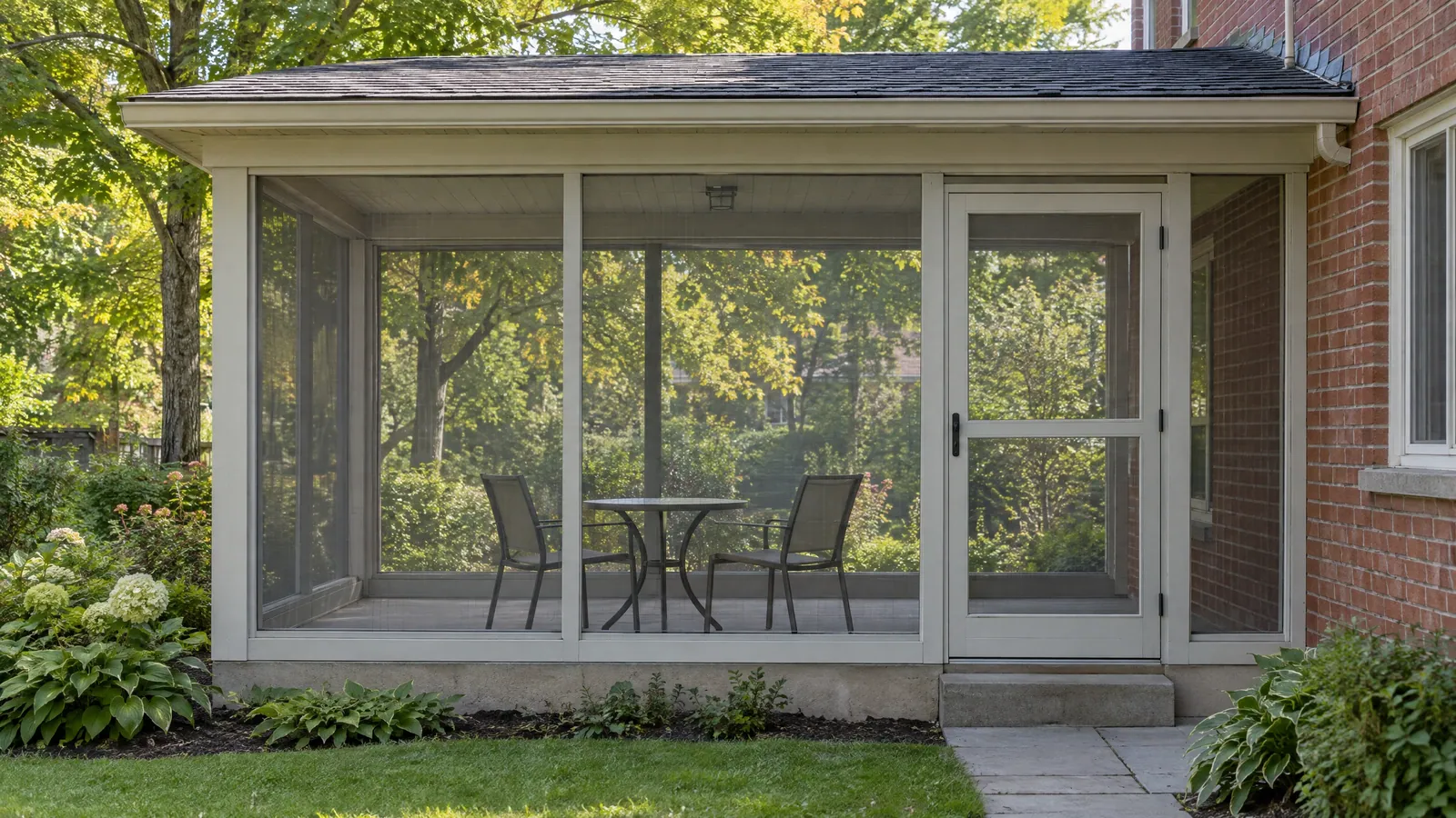 Screened porch with a screen door, a bistro table and two chairs, built onto a red brick house among summer trees and hydrangeas